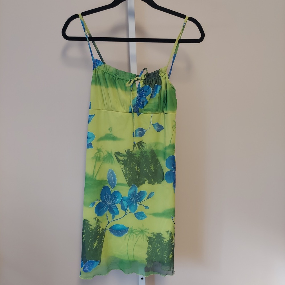 Vtg Niki-Lee Y2K Babydoll Dress M Tropical Mesh Overlay‎ Fairycore Mini Green
